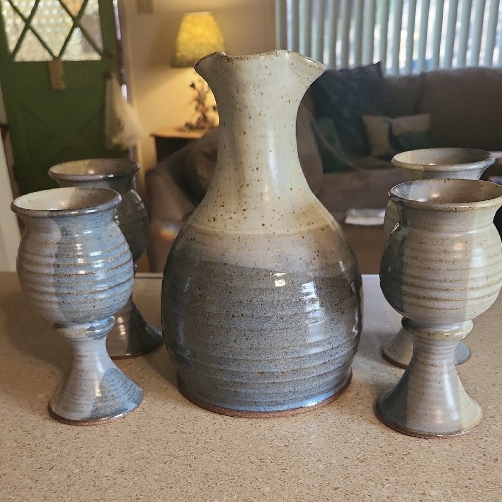 Vintage Pottery Wine Dispenser with Goblets